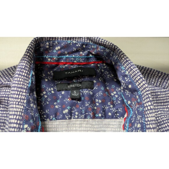 TAHARI Mens S Blue White Print Shirt Pointed Collar Stretch Cotton Casual Work - Picture 5 of 6